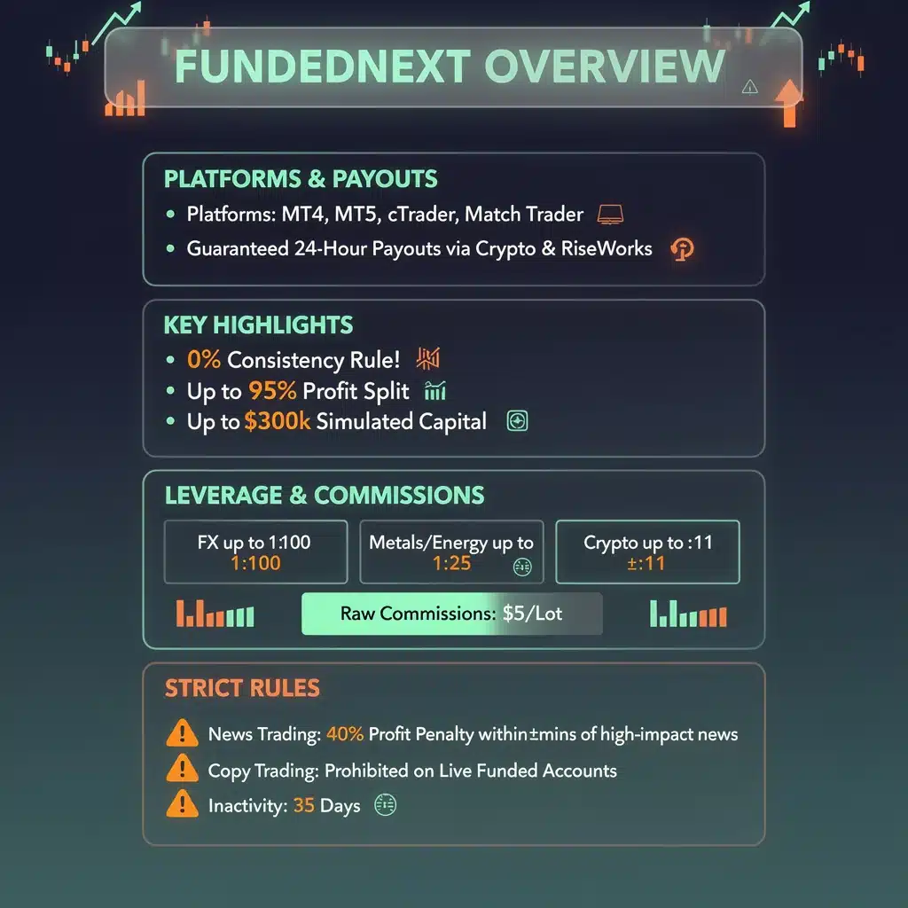 FundedNext prop firm review infographic detailing supported platforms, zero consistency rule, up to 1:100 leverage limits, the 40% news trading penalty, and payout frequency.