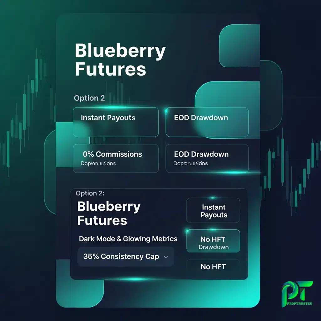 Blueberry Futures prop firm rules infographic detailing EOD drawdown, instant payouts, and consistency limits on the Blackarrow platform