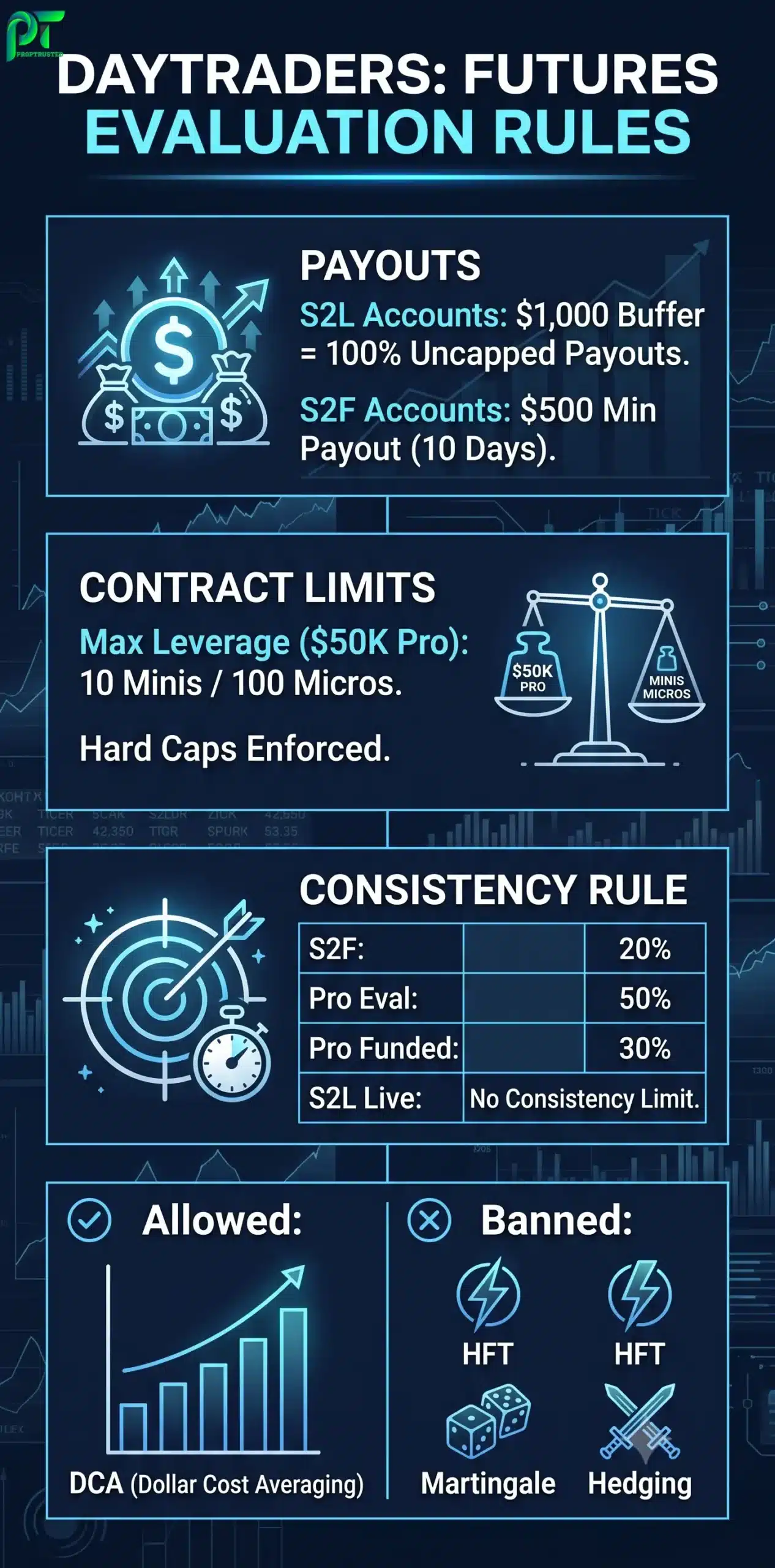 Complete DayTraders futures prop firm infographic detailing S2L uncapped payouts, maximum contract limits, consistency rules, and allowed strategies like DCA