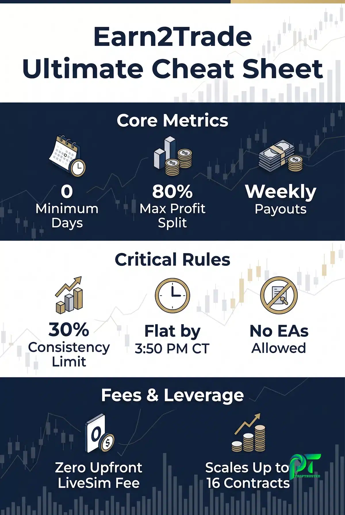 Comprehensive Earn2Trade infographic detailing the 30% consistency rule, maximum contract limits, zero minimum trading days, and LiveSim activation fees for futures prop traders.