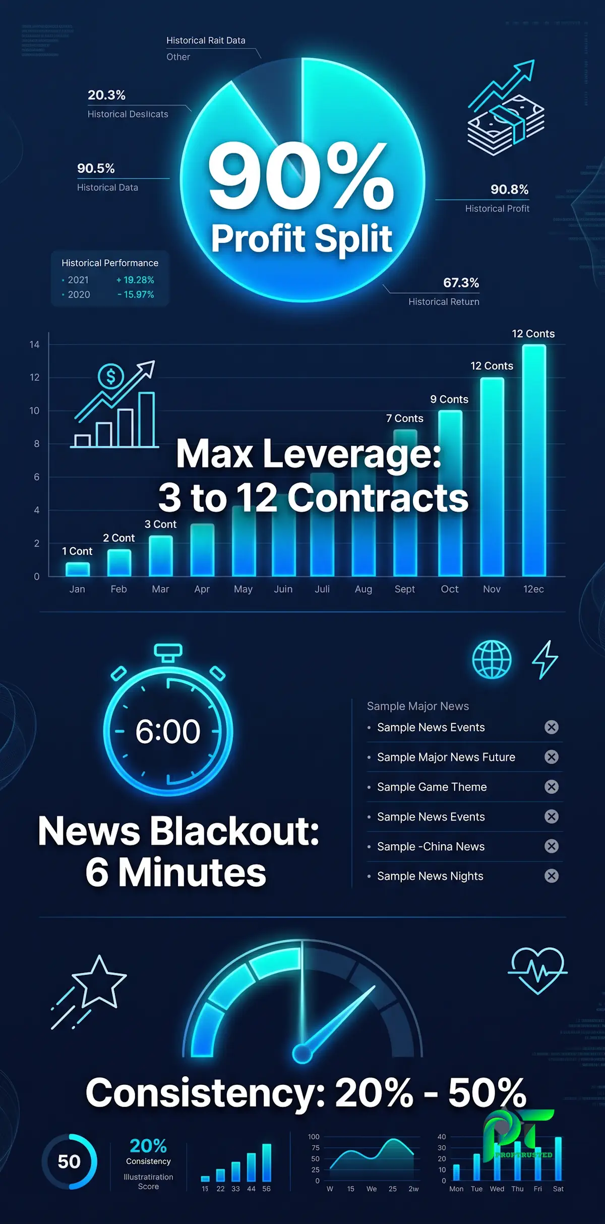 Comprehensive FuturesElite prop firm infographic detailing the 90% profit split, maximum 12 contracts leverage scaling, consistency rules, and 6-minute news trading blackout