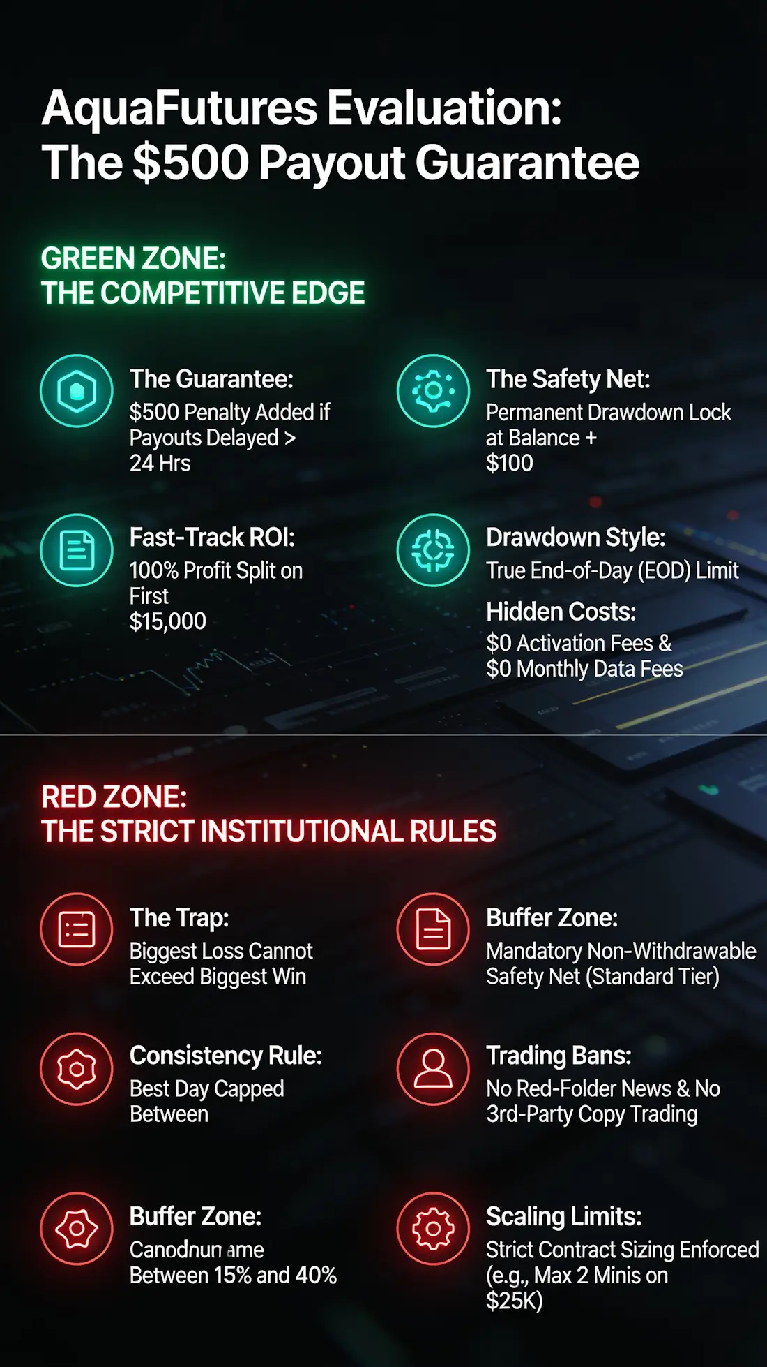 Comprehensive AquaFutures review infographic detailing the $500 payout guarantee, permanent drawdown lock, 100% profit splits, and strict institutional consistency rules