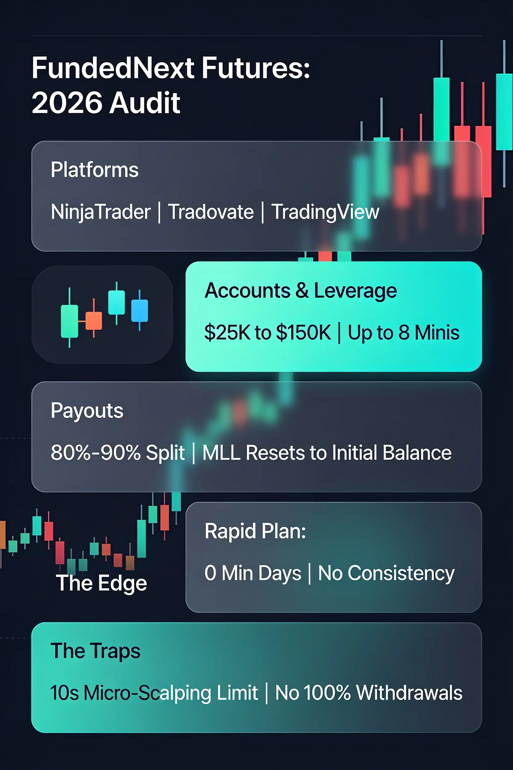 Comprehensive 2026 infographic for FundedNext Futures, highlighting account sizes up to $150K, NinjaTrader compatibility, 90% profit splits, micro-scalping rules, and MLL reset policies
