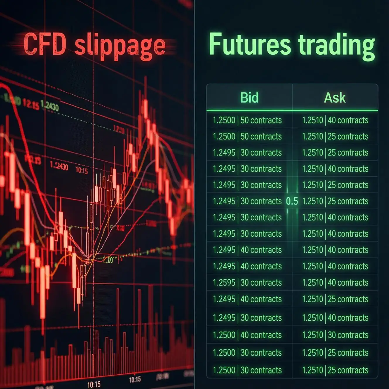 Comparison of chaotic CFD spread widening versus precise Futures order book execution during high-impact news.