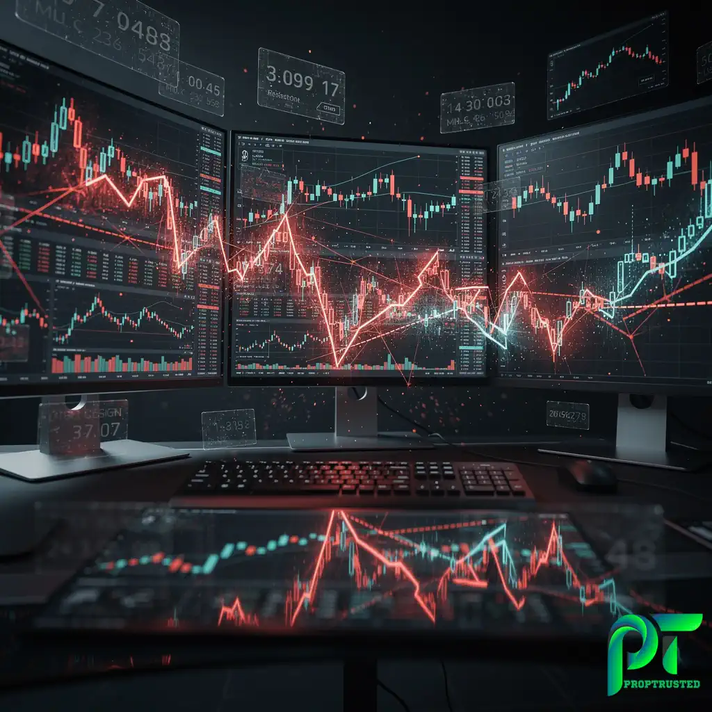 Extreme market volatility and spread widening on a prop firm trading terminal during an NFP news release.