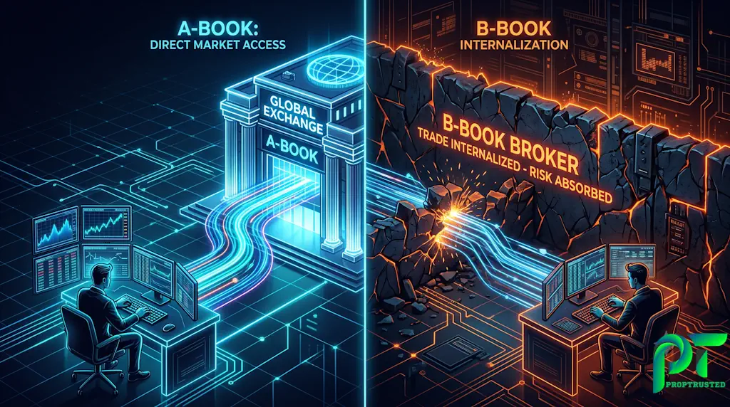 Conceptual illustration explaining A-Book versus B-Book risk management models in futures proprietary trading.