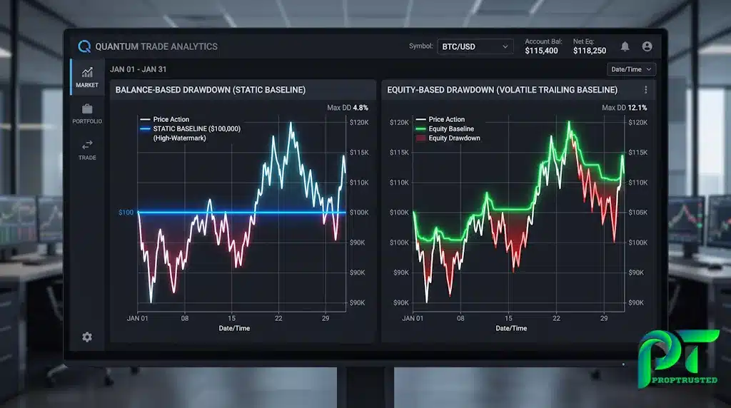 Balance-based versus equity-based trailing drawdown comparison chart for prop firms