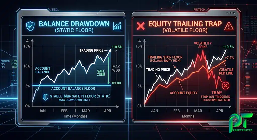 Financial chart comparing balance-based fixed drawdown versus equity trailing drawdown rules in prop trading
