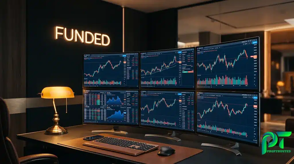 A futuristic trading desk highlighting the best futures prop firm deals and low cost funding options in 2026.
