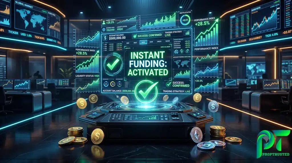 Best instant funding prop firms in 2026 showing a trader accessing real funded capital directly without evaluation challenges.