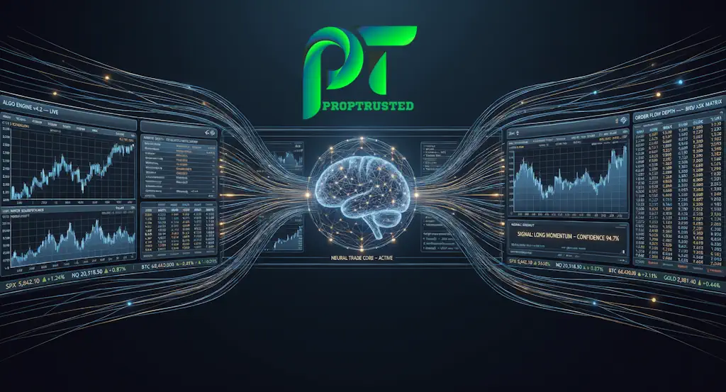 Best prop firms for EA and algorithmic copy trading in 2026, showing automated fintech trading terminals.