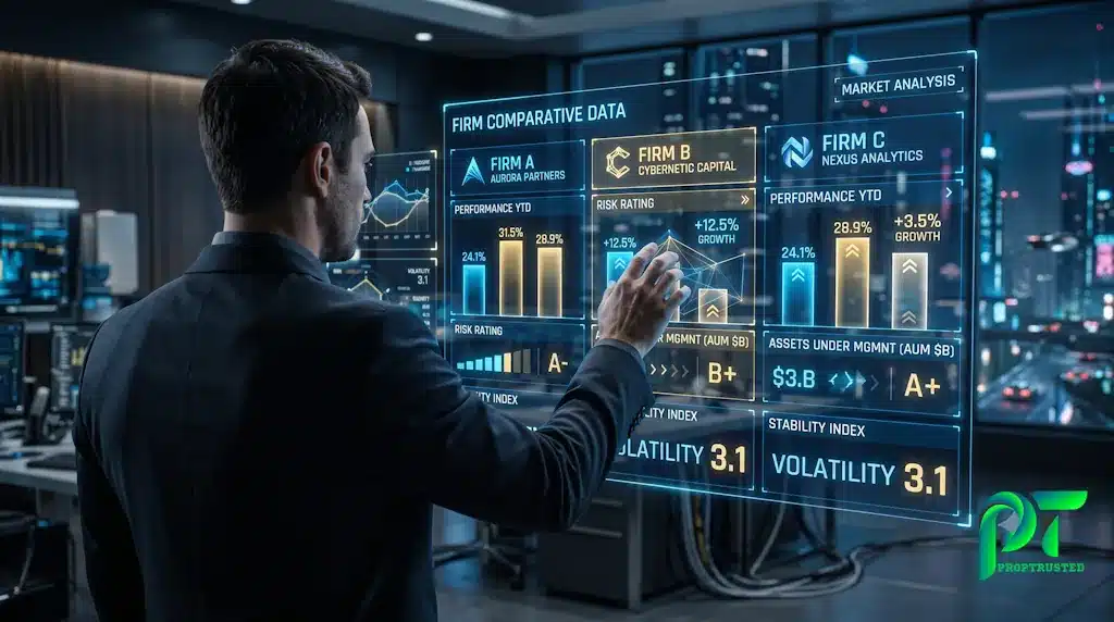 A trader analyzing a futuristic holographic interface comparing the cheapest futures prop firm evaluations and funding allocations.