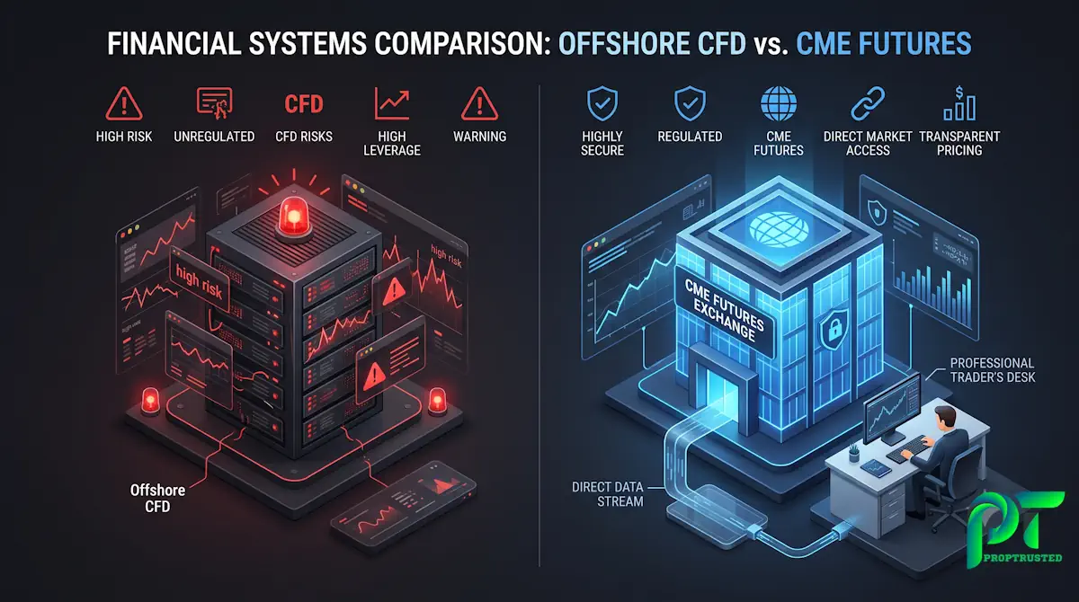 Diagram showing the difference between CME exchange-traded futures and offshore CFD B-Book prop firms