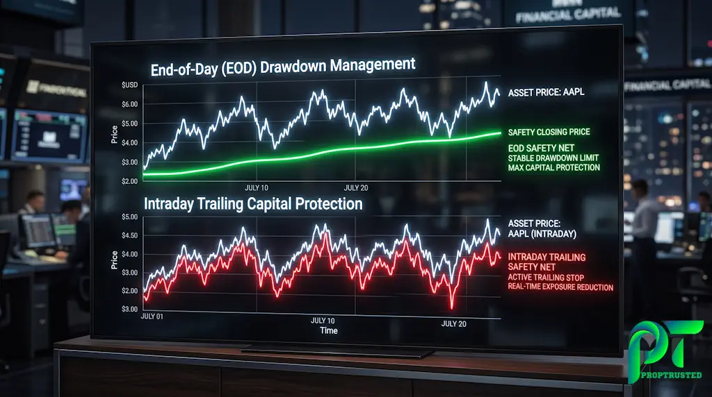 End of Day EOD drawdown versus real-time intraday trailing drawdown for futures funded accounts