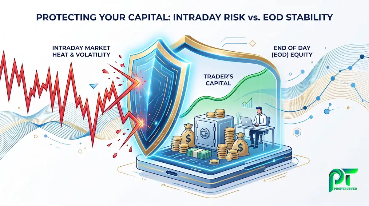 Conceptual illustration of how End of Day (EOD) drawdown rules protect trader equity compared to intraday trailing models