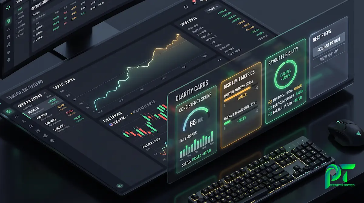 FundedNext Clarity Cards dashboard showing real-time payout rules and consistency score metrics