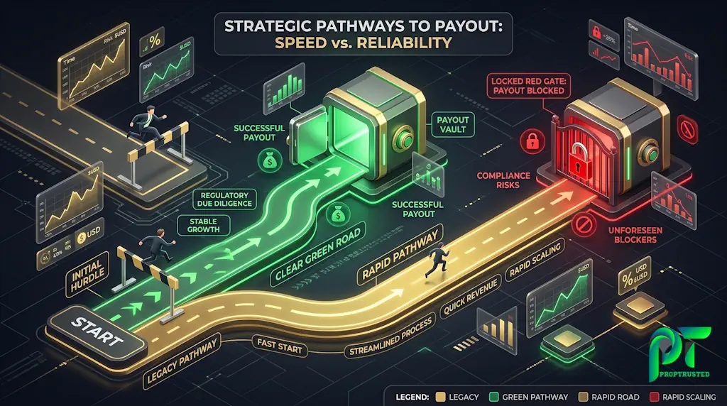 Visual comparison of FundedNext Futures Legacy vs Rapid account consistency rules and payout mechanics.