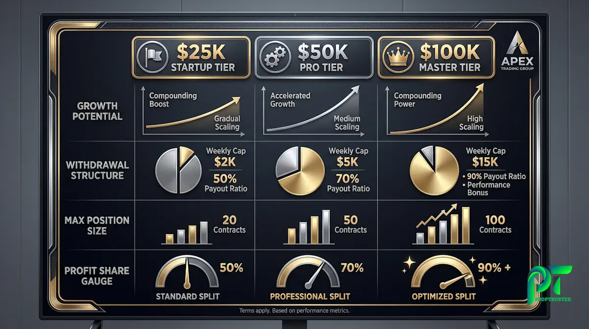 Matrix detailing FundedNext maximum withdrawal caps and payout limits for 25k, 50k, and 100k account sizes