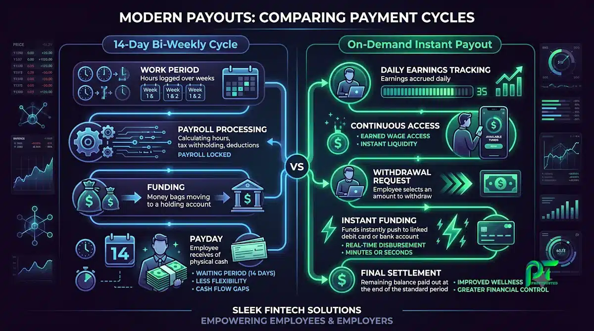 Flowchart comparing FundedNext bi-weekly payout frequency with on-demand instant withdrawal cycles