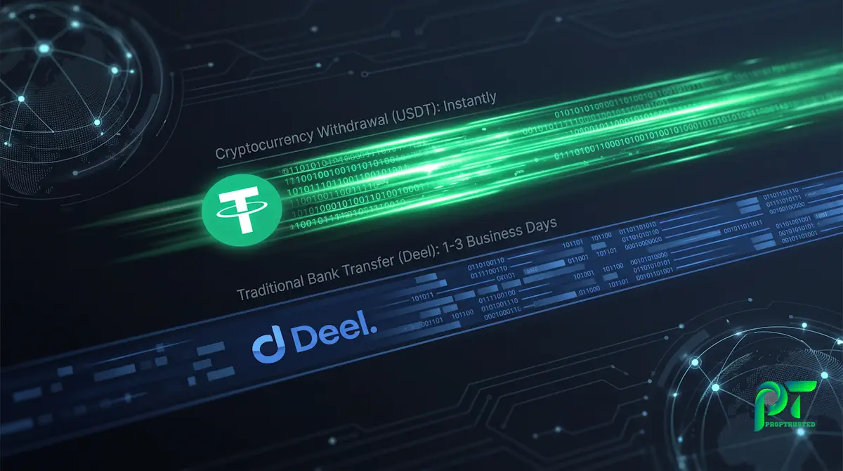 Comparison of FundedNext payout methods in 2026 highlighting USDT crypto speed versus traditional Deel bank transfers