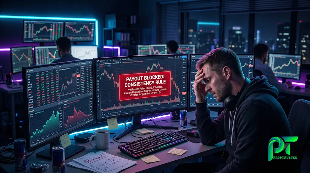 A trader looking frustrated at a blocked payout screen due to futures prop firm consistency rules.