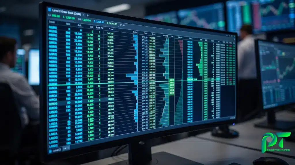 Professional futures trading platform displaying Level 2 Depth of Market (DOM) and order flow footprint charts