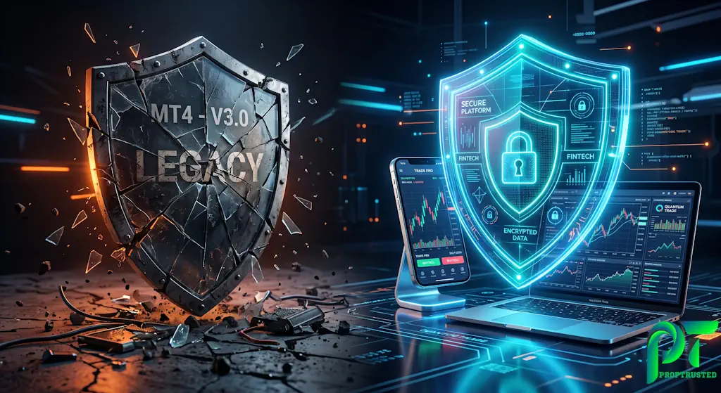 Concept art showing the migration from legacy MT4 platforms to modern secure trading platforms like Match-Trader and DXtrade.