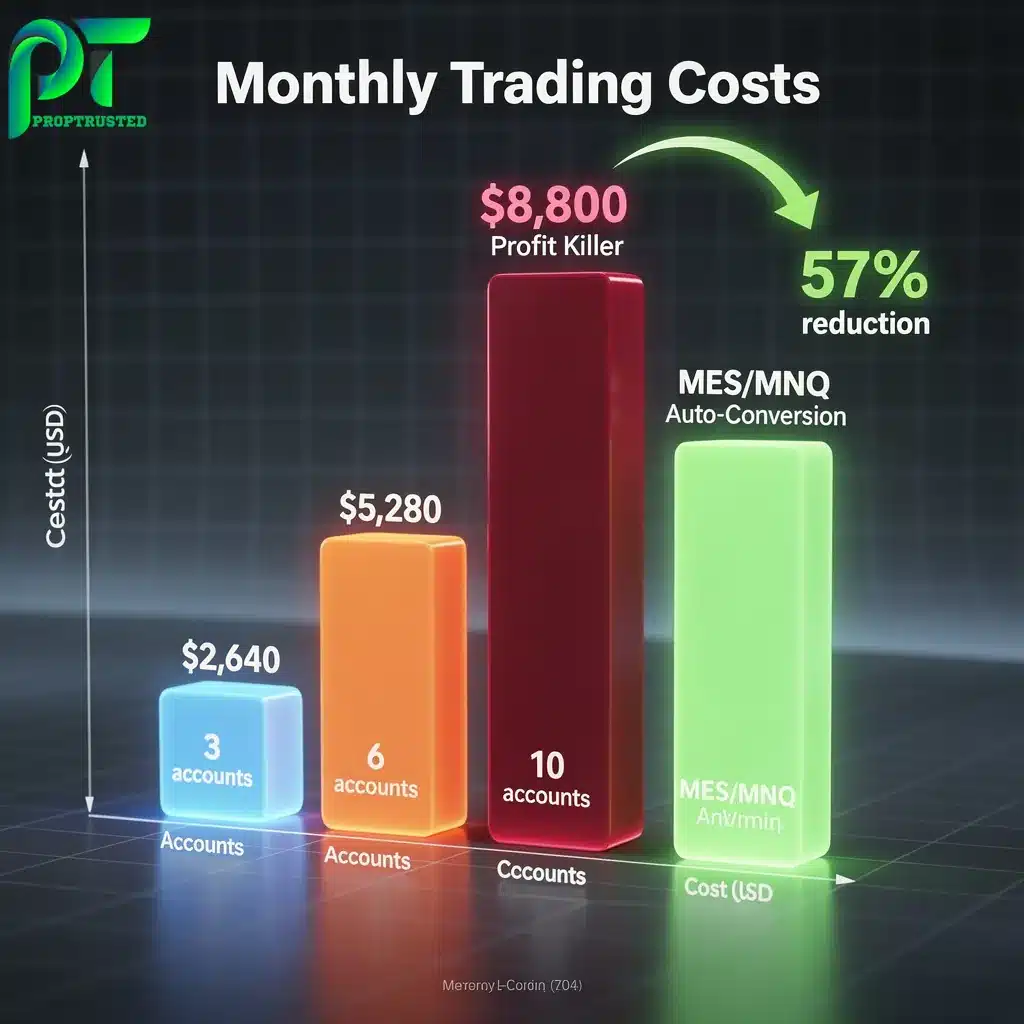 3D FinTech bar chart illustrating the compounded monthly commission costs across 3, 6, and 10 synchronized futures prop accounts.