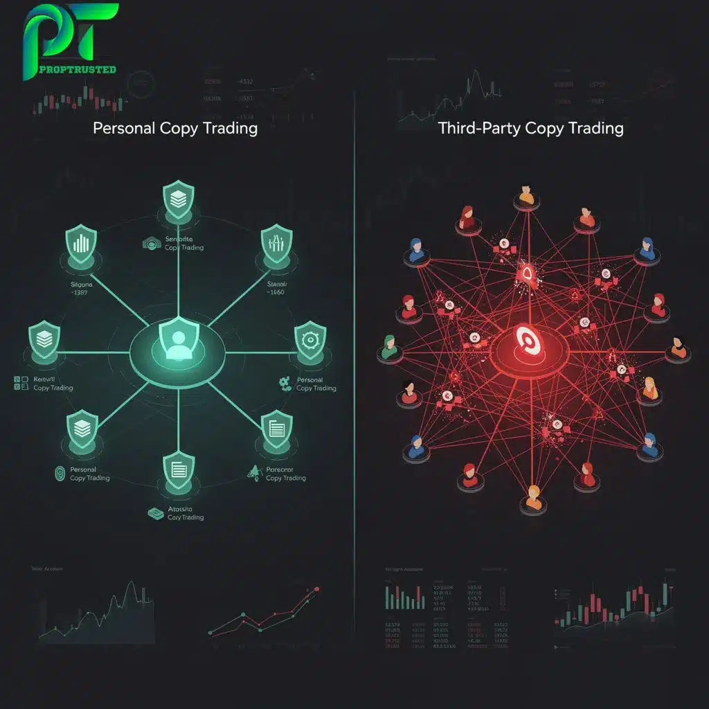 Visual breakdown of allowed personal copy trading versus banned third-party group trading in prop firms.