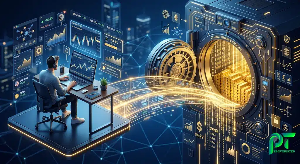 Illustration explaining the proprietary trading firm business model connecting retail traders to institutional capital