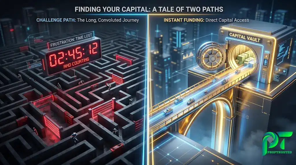 Comparison diagram showing the long 2-step evaluation challenge versus the direct path of instant funding prop firm accounts.