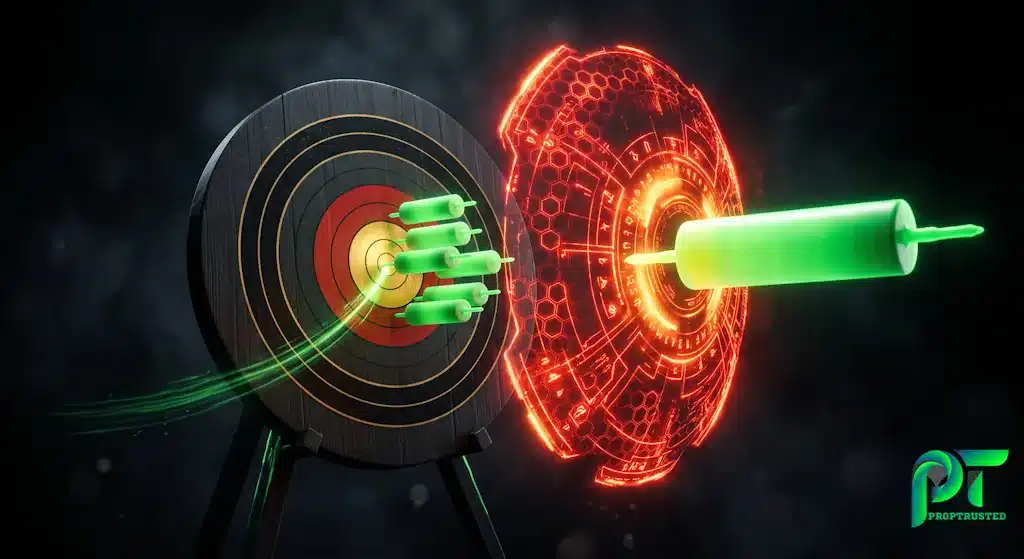 Conceptual illustration of the prop firm consistency rule blocking oversized lucky trades to enforce risk management