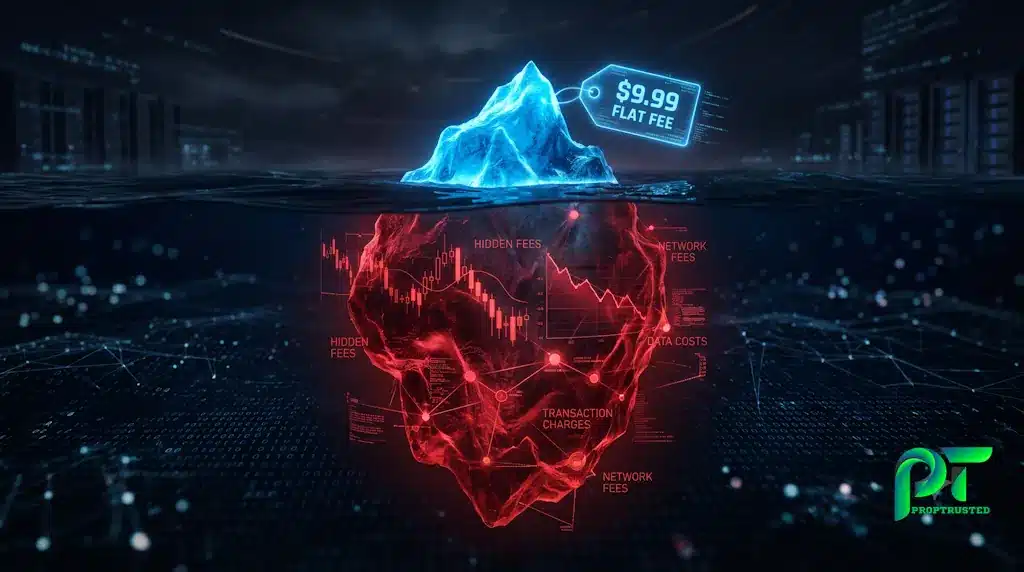Conceptual 3D illustration of an iceberg showing visible prop firm evaluation fees versus hidden data and activation costs.