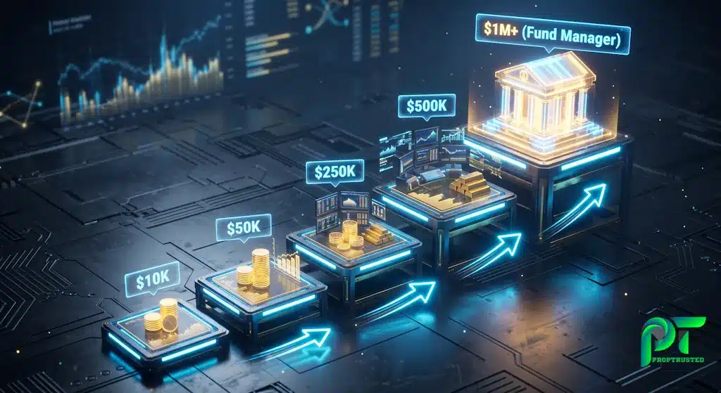 3D rendering showing the progressive account scaling plan and capital growth in proprietary trading firms
