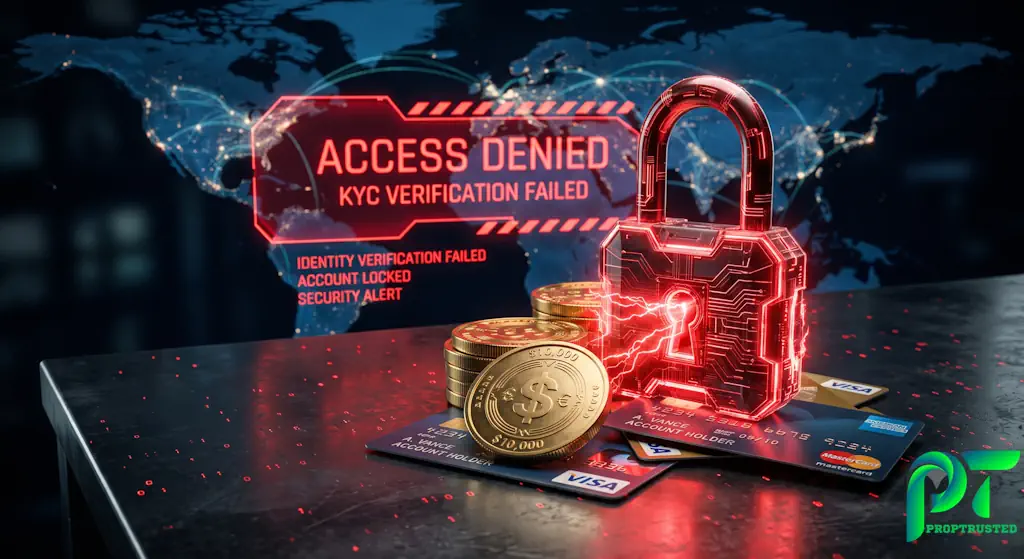 A digital padlock locking financial assets, symbolizing the severe risks of using a VPN to bypass prop firm KYC regulations.