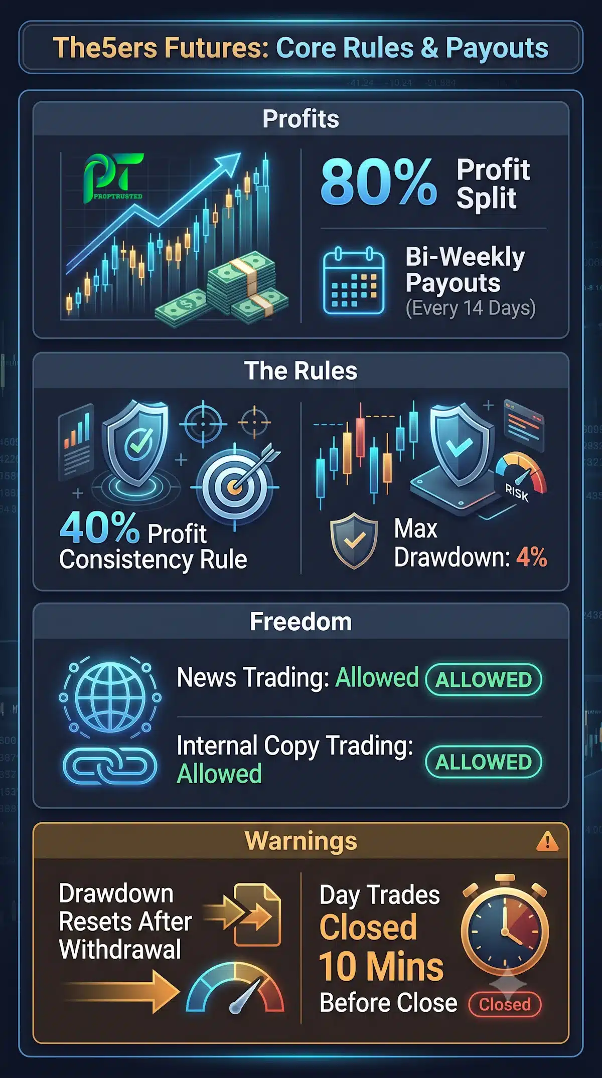 Comprehensive financial infographic detailing The5ers Futures rules, 80% profit splits, bi-weekly payouts, 40% consistency rule, and contract limits for funded traders