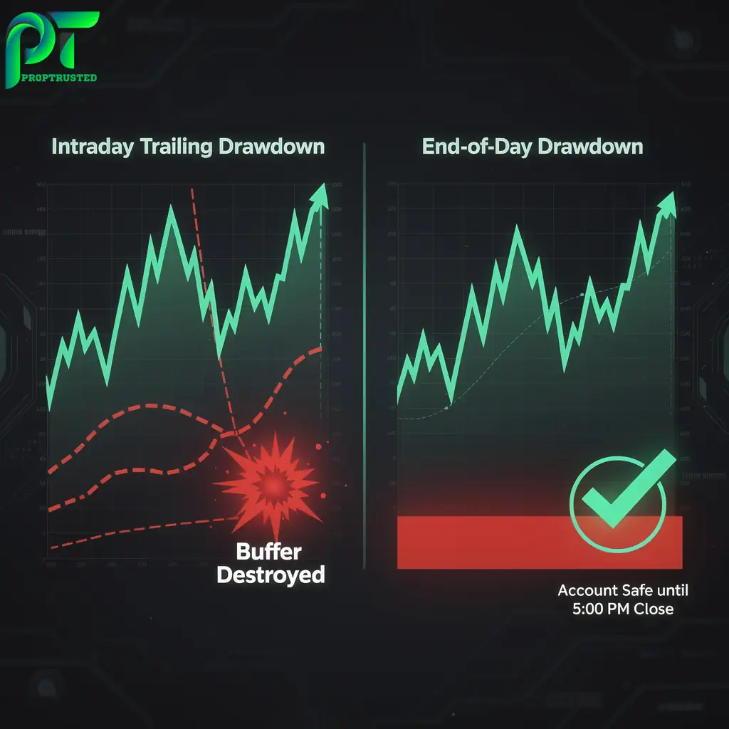 Infographic chart comparing dangerous tick-by-tick intraday trailing drawdown mechanics with safe end-of-day drawdown rules.