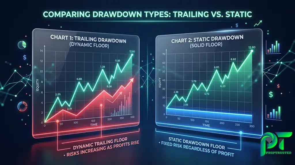 Visual representation of trailing equity drawdown versus static balance-based drawdown in proprietary trading.