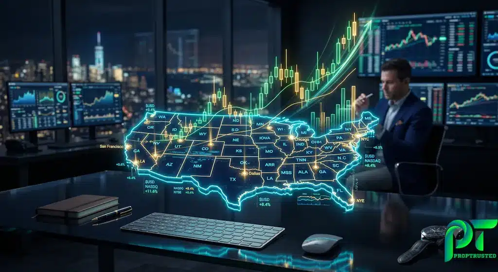 A futuristic trading desk displaying a US map with rising financial charts, representing top US-friendly prop firms in 2026.